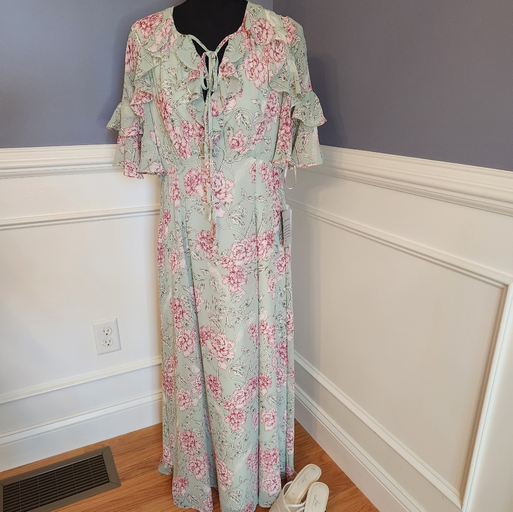Gal Meets Glam Shelby Maxi Spring Dress in Green With Pink Flowers